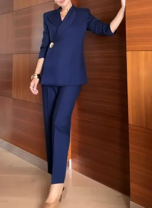 

Women's Suit Set 2026 Professional Lapel Metal Buckle Front Slim Fit Suit Jacket and High Waisted Straight Leg Suit Pants Set