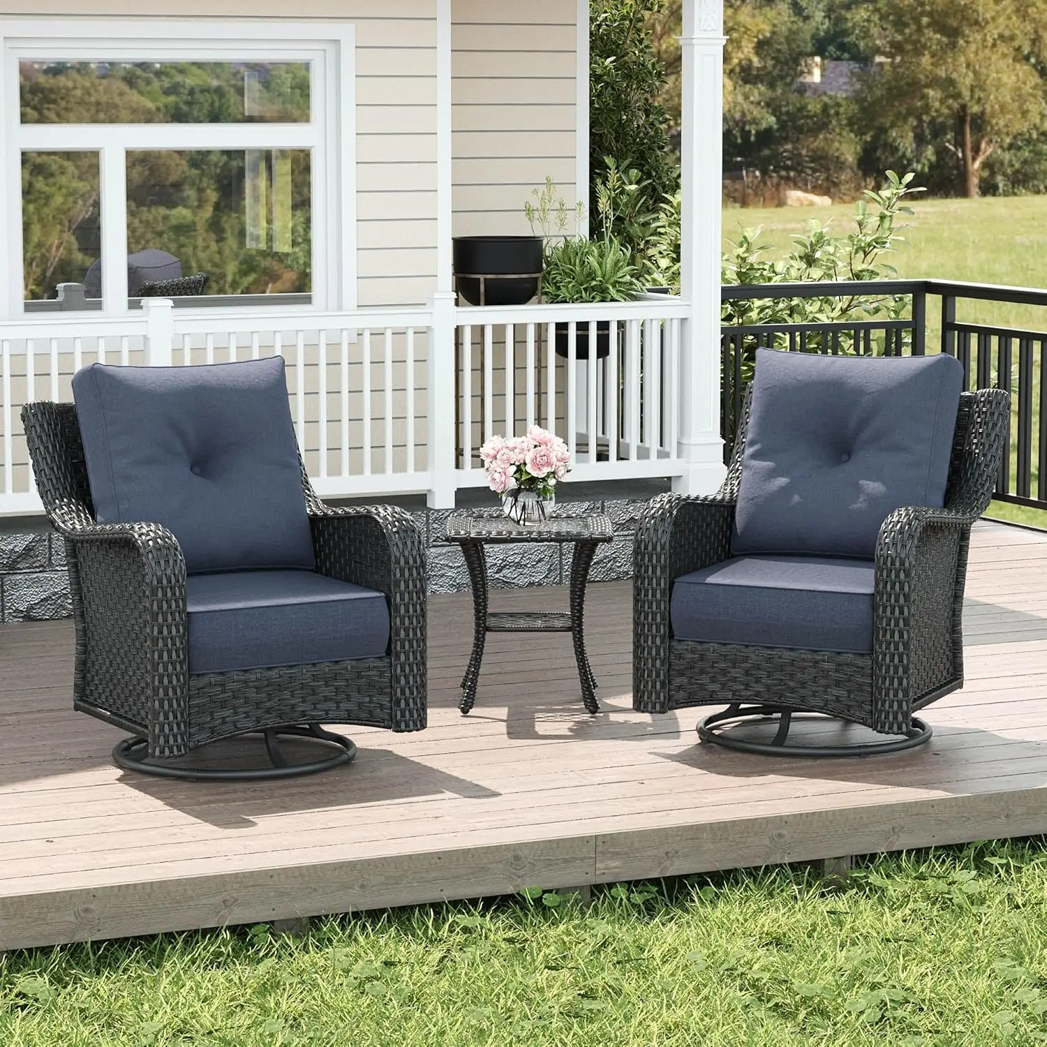 #3 Piece Outdoor Furniture Set High Back Swivel Rocking Chairs Comfy Cushions Side Table Patio Garden 3PCS, Customized