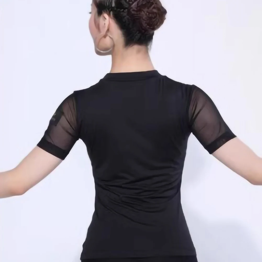 Dancing Top Short Sleeve Samba Latin Dance New Professional Dance Dress Ball Mesh Sexy Shirt Round Neck
