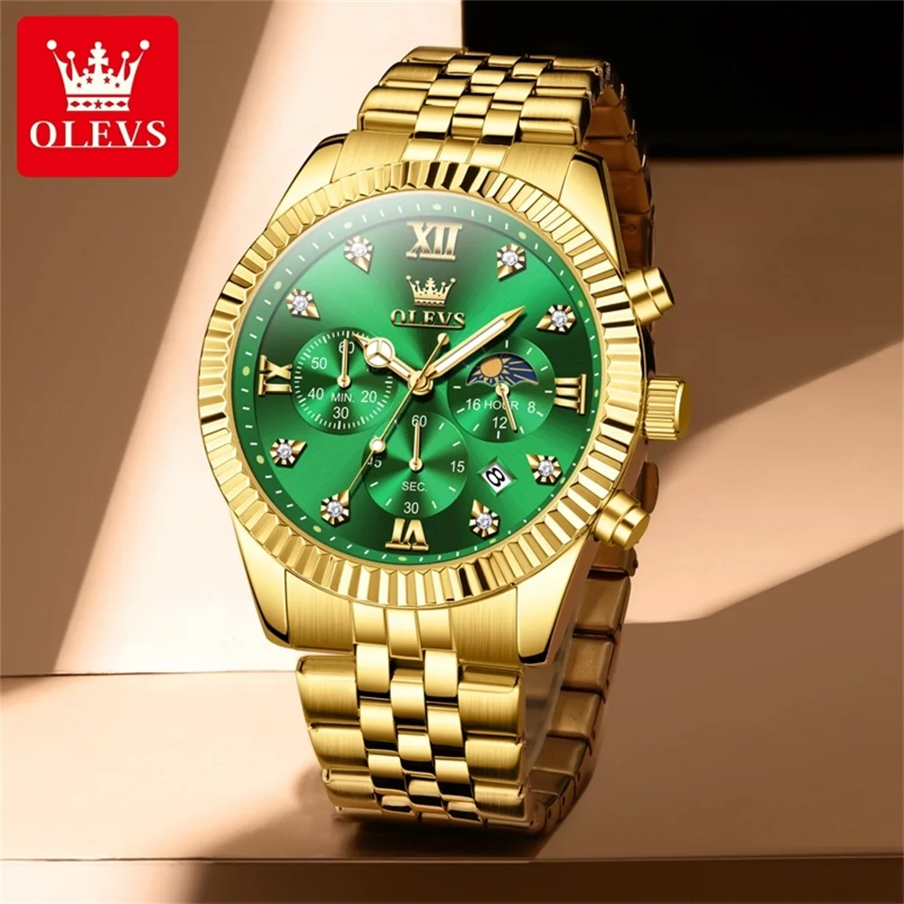 OLEVS-Relógios de quartzo de luxo masculino, réplica original high-end, Golden Stainless Steel Chronograph, Moon Phase, Waterproof Man Watch