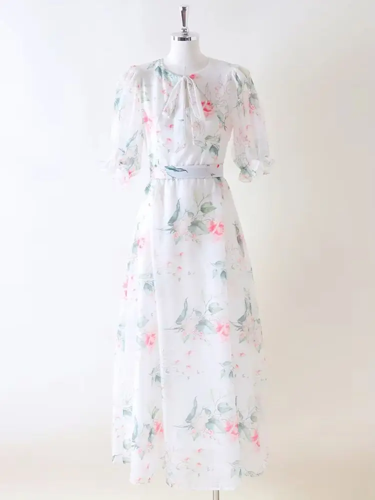 

White Floral Print Puff Sleeve Midi Dress Women Elegant Bow Tie Waist Summer Vacation Party Co-ord Outfit