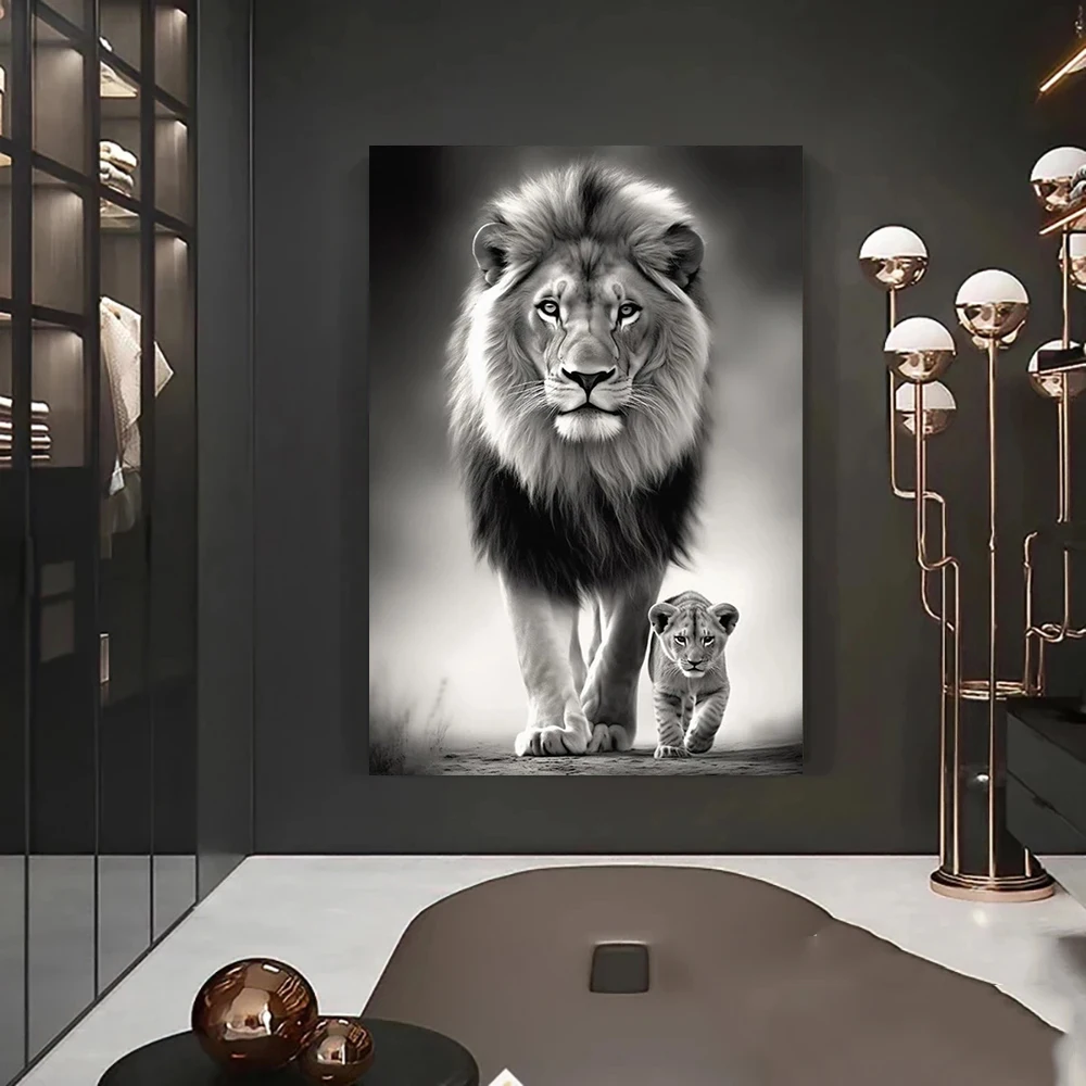 Black and White Animal Art Lion and Cub Poster Printing, Modern Wall Art Canvas Painting for Living Room Home Decoration