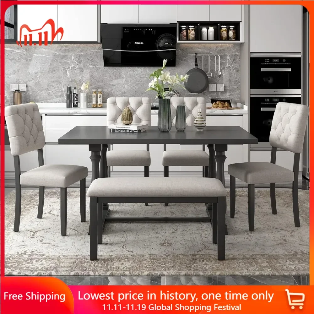 

6 Pieces Dining Table Chair Set with Bench, Rectangle 4 Upholstered Chairs & A Wood Kitchen for Persons