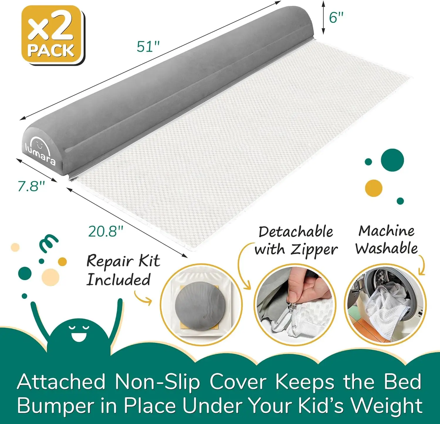 Inflatable Bed Rails for Toddlers, 2-Pack Portable Travel Bumpers Fits Twin to King Beds - Non-Slip Safety Guard