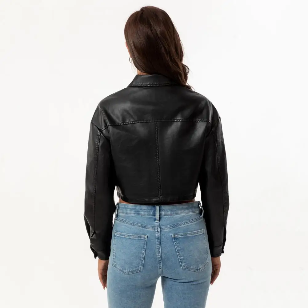 Spring Casual Jacket Stylish Women's Windproof Faux Leather Motorcycle Jacket with Slim Fit Chest Pocket Long Sleeves for A