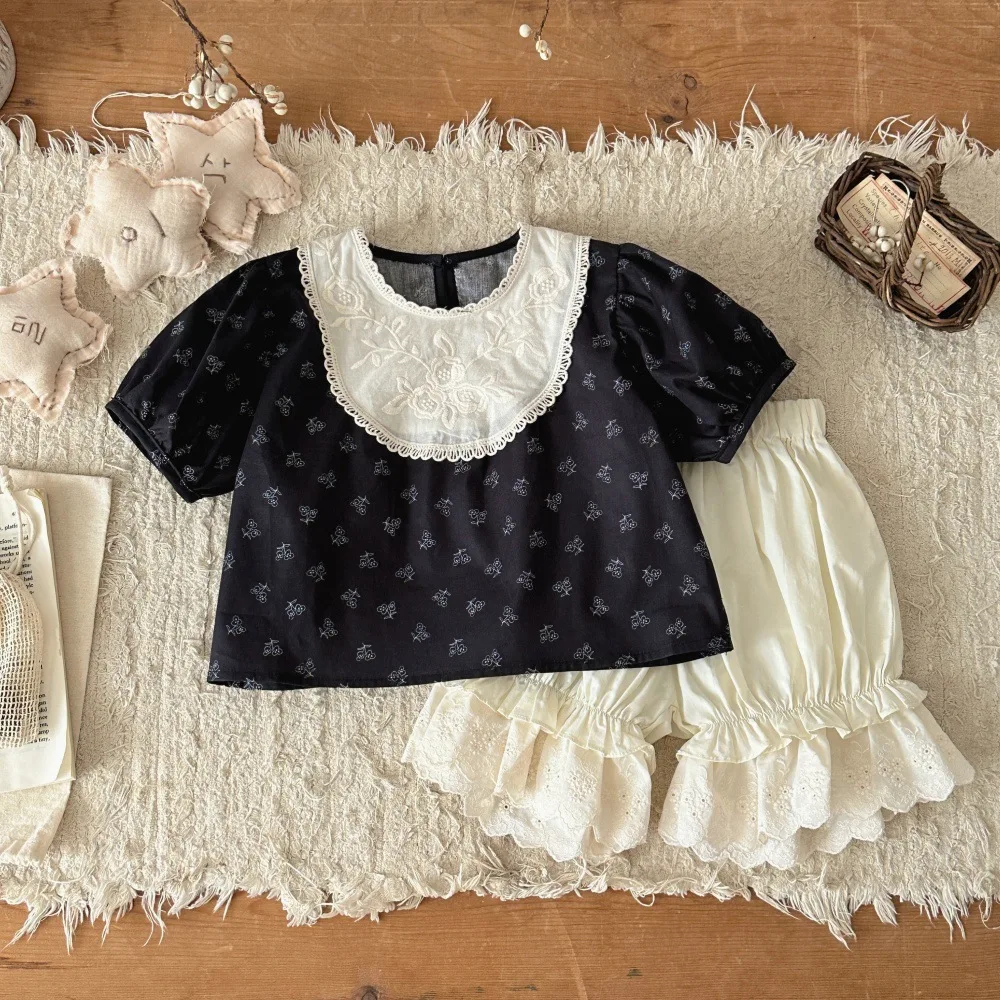 2026 New Summer Infant T-shirt 6-24M Girls Floral Lace Embroidery Puff Sleeve Top Beige Ruffle Bloomers Baby Cotton Outfit