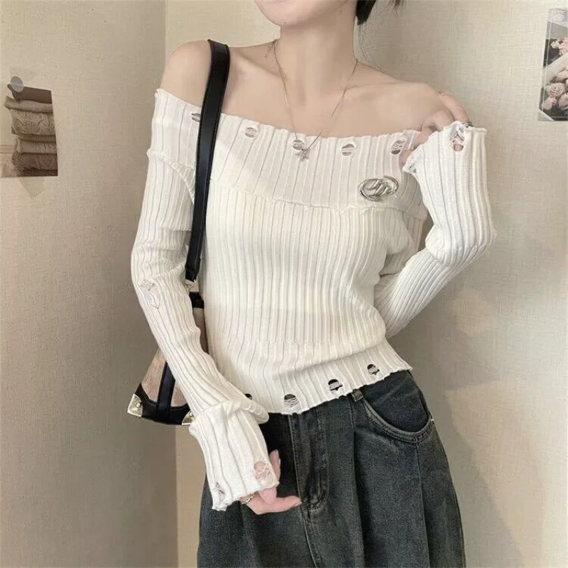 

Old One-shoulder Sweater for Women's Autumn New Slim Base French Top