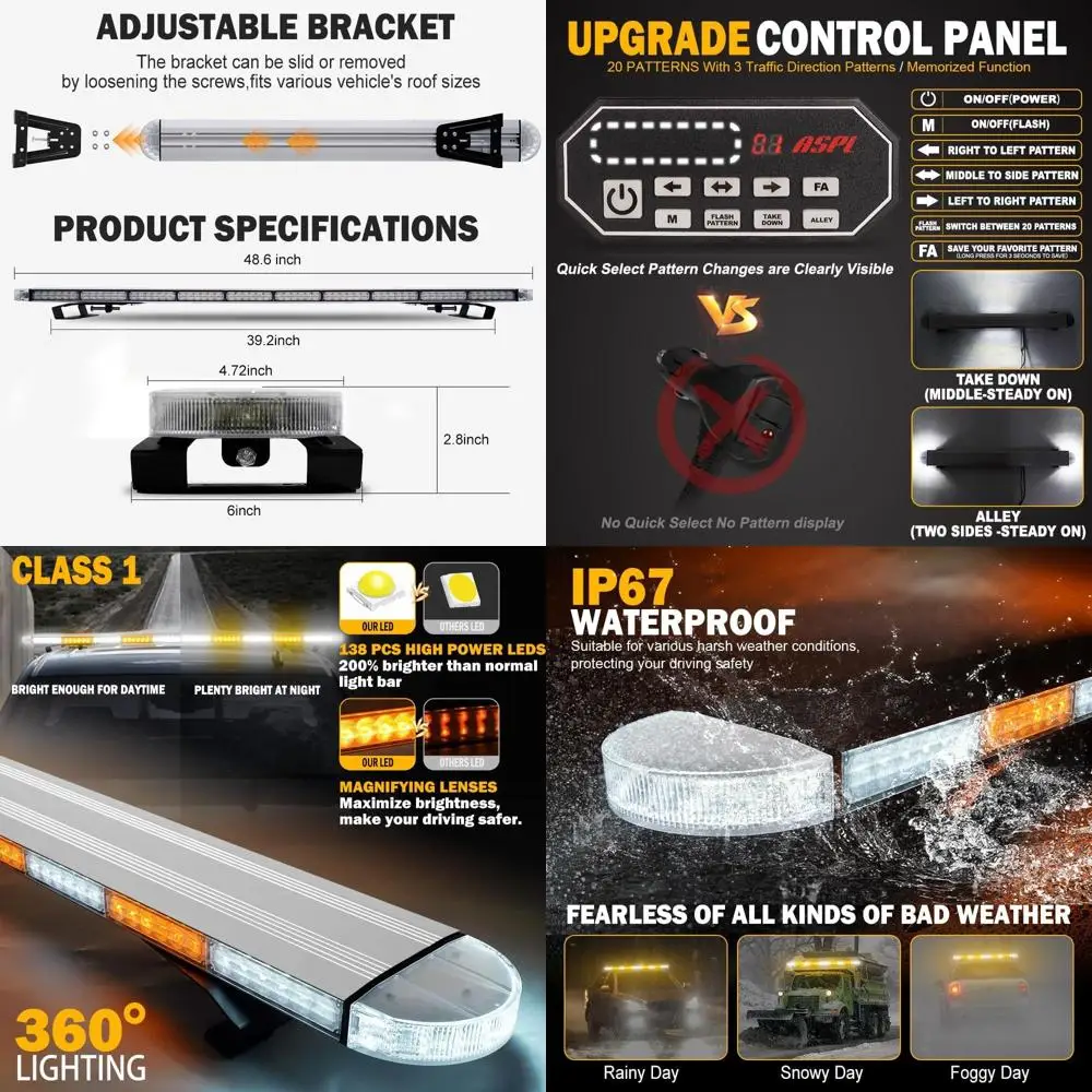 

49 Slim Profile Rooftop Strobe Light Bar - Warning Beacon for Security and Traffic Safety on Trucks and Tow Vehicles (Amber/Whit