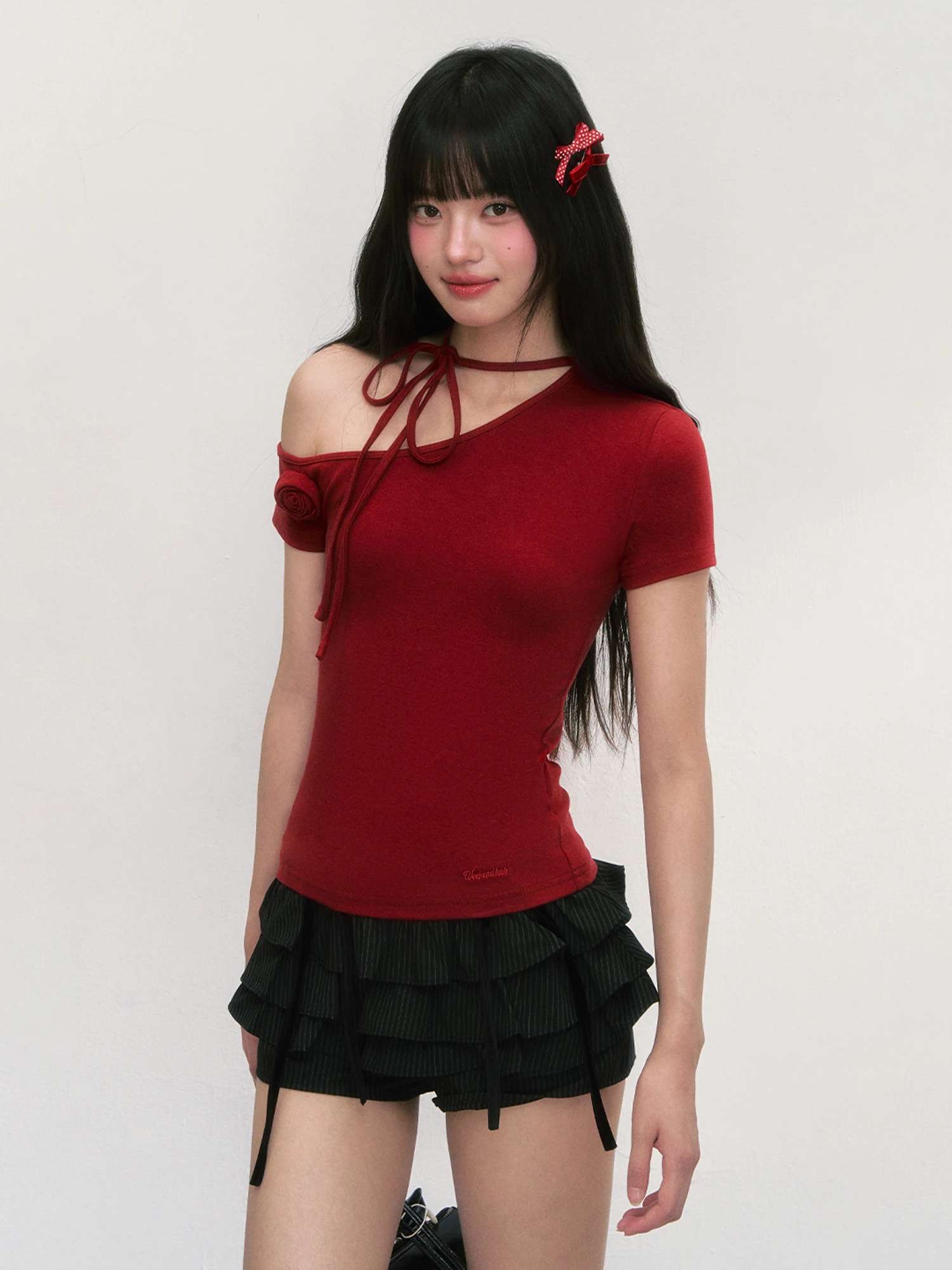 

Wedhub Rose Print Asymmetric oulder Tie Top ort Sve Women's T-irt Cotton Blend Comfortable Summer Faion