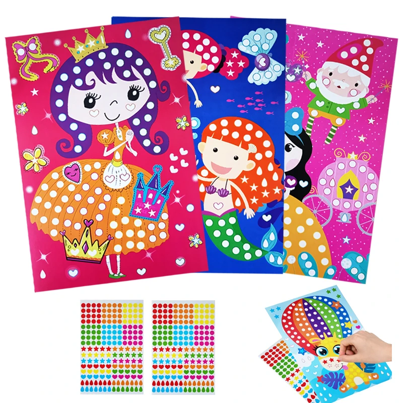 Funny Puzzle Dot Stickers Kids Cartoon Princess Animals Drawing Mosaic Sticker Children Early Educational Patience Training Toys