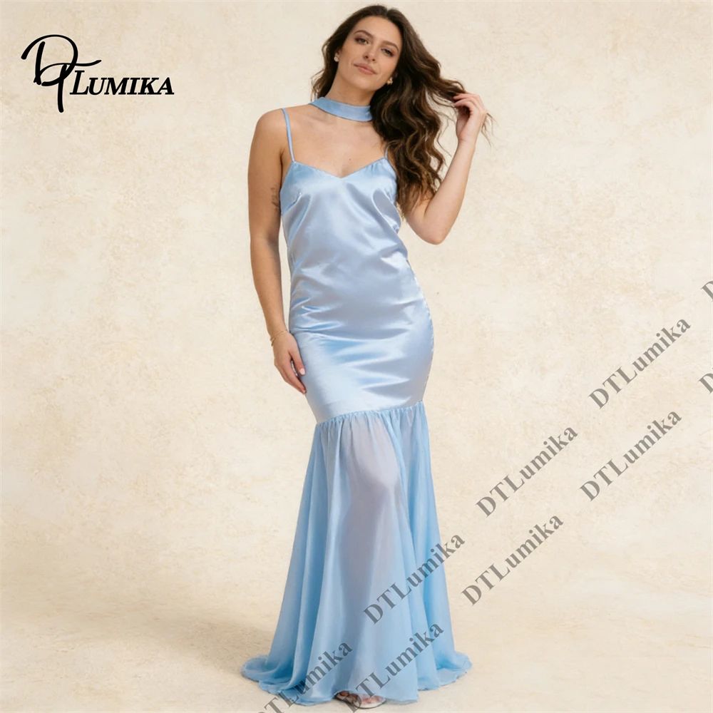 DTLumika - Customized Semi-Formal Dresses for Women with Scarf Neck, Spaghetti Straps Long Satin Chiffon Match Party Prom Gown