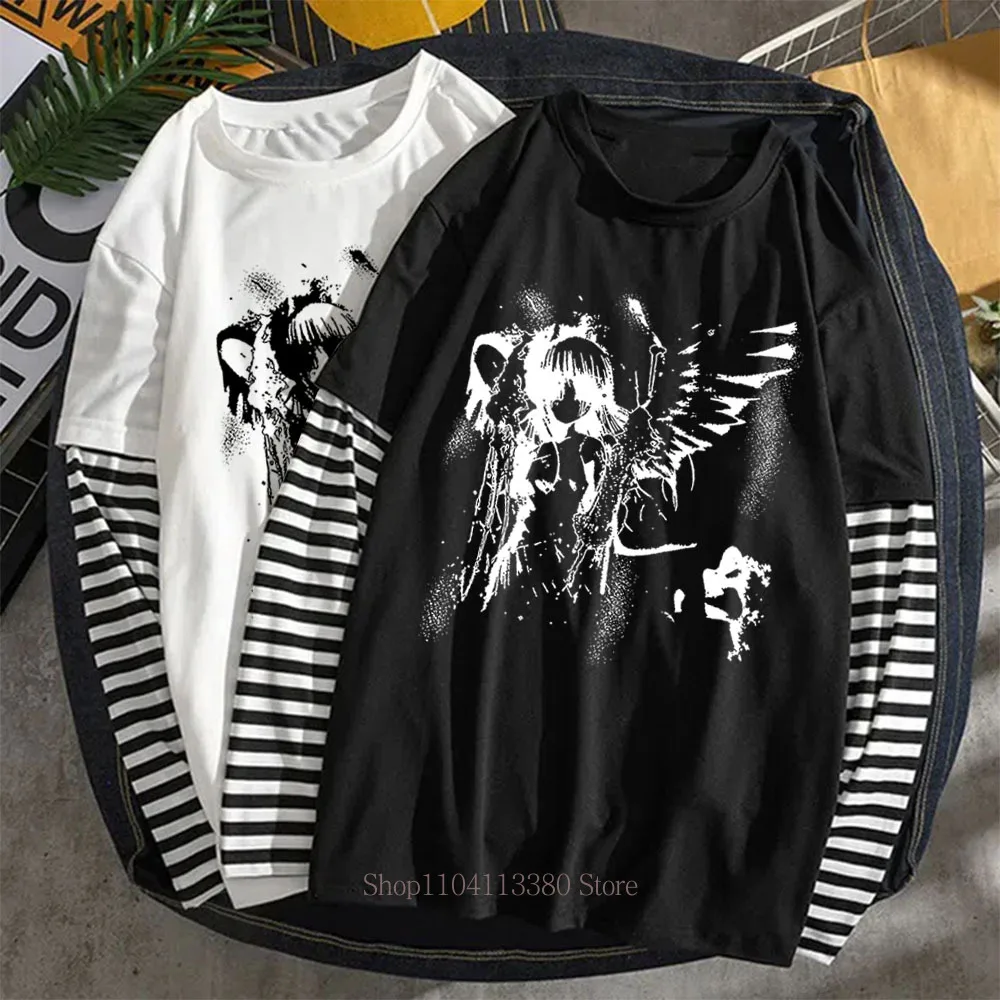 Damen Gothic Y2K Grafik-Print Fake-Two-Layer Langarm-T-Shirts – Modische Retro Casual Loose High Street Fake-Two-Layer Langarm-Tees – Detail 6