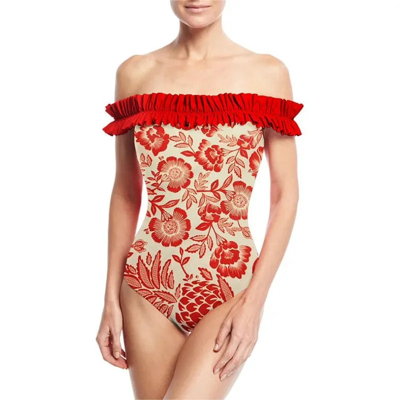 Red printed one-piece swimsuit for women, beach dress, holiday, Cardigan, hollow out, cover up, new