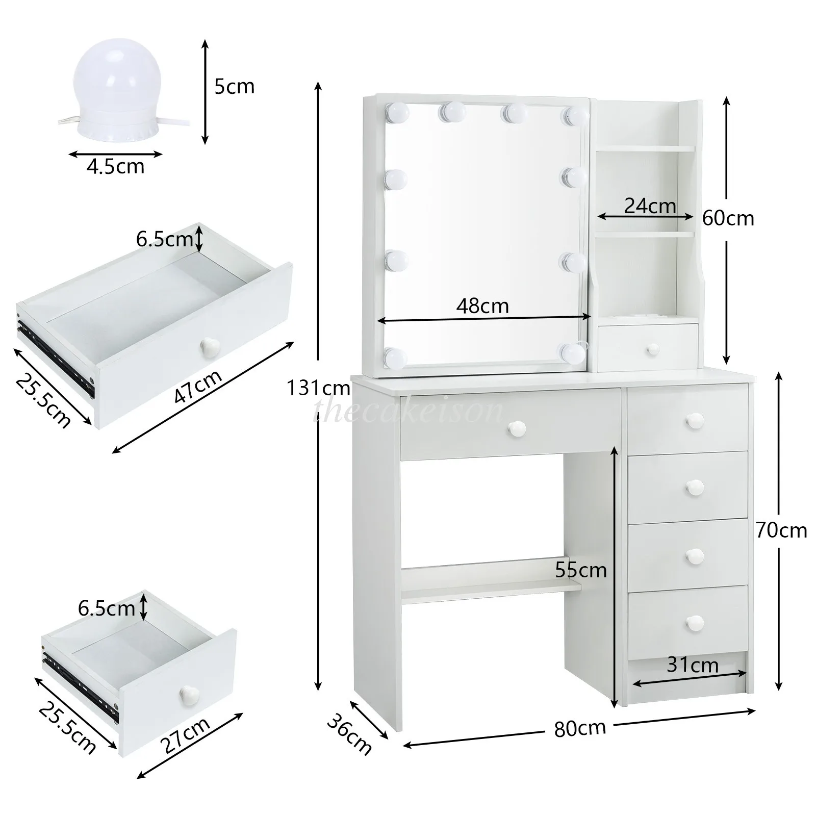 Tocador de maquillaje Escritorio de tocador de maquillaje iluminado LED con 6 cajones y taburete para clientes de EE. UU.