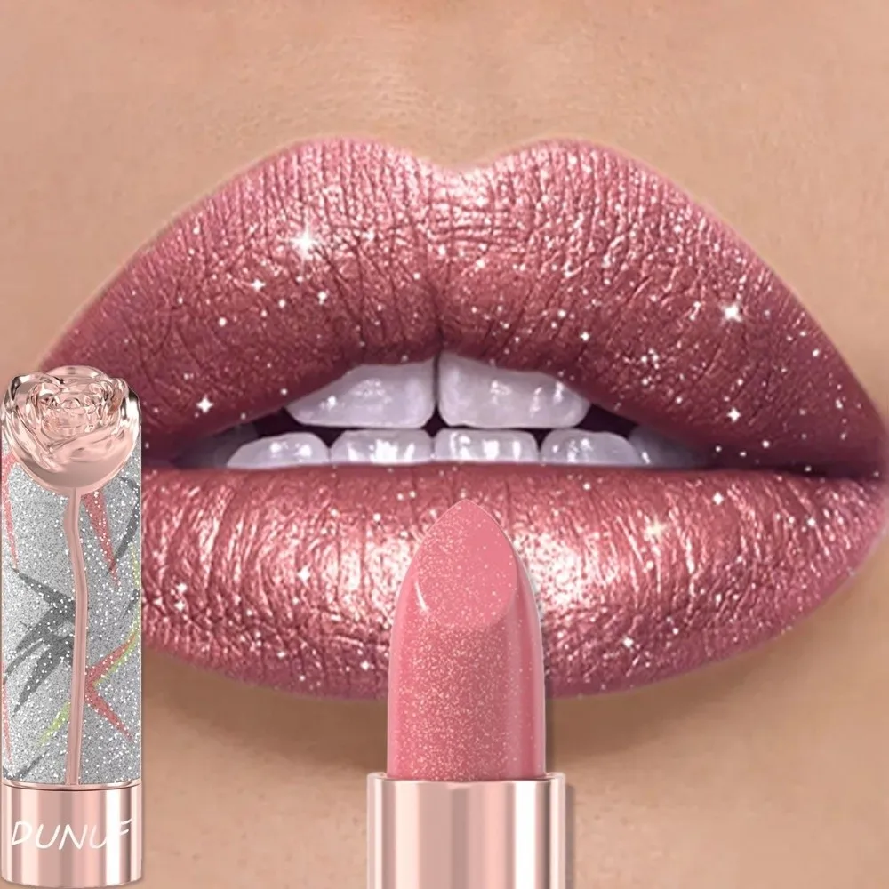 New 7 Colors Metallic Lipstick Pearl Pink Waterproof Shimmer Lip Glaze Floral Embossed Pearlescent Glitter Lip Tint Women