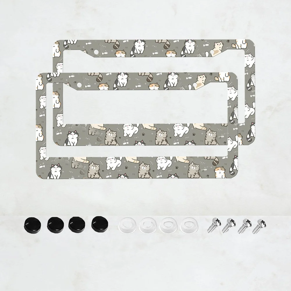 2pcs Cat Pattern Aluminum License Plate Frame Universal Fit Funny Car Tag Holder Gray Decorative Frame with 2 Holes