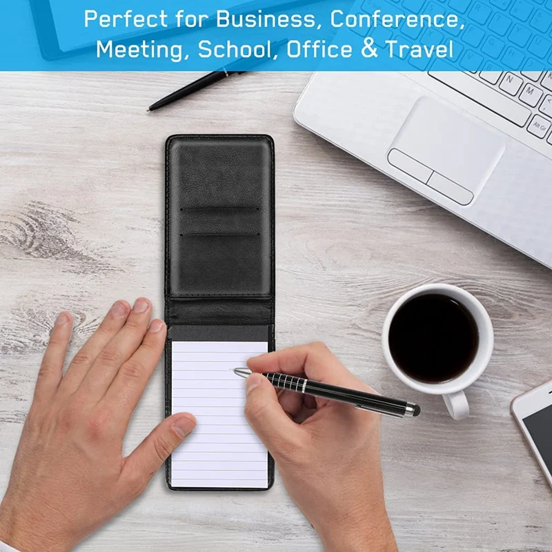 11 Pcs Mini Pocket Notepad Holder PU Leather Business Notebook Included 2 PCS Metal Pen 8 PCS Refillable Memo Book Black