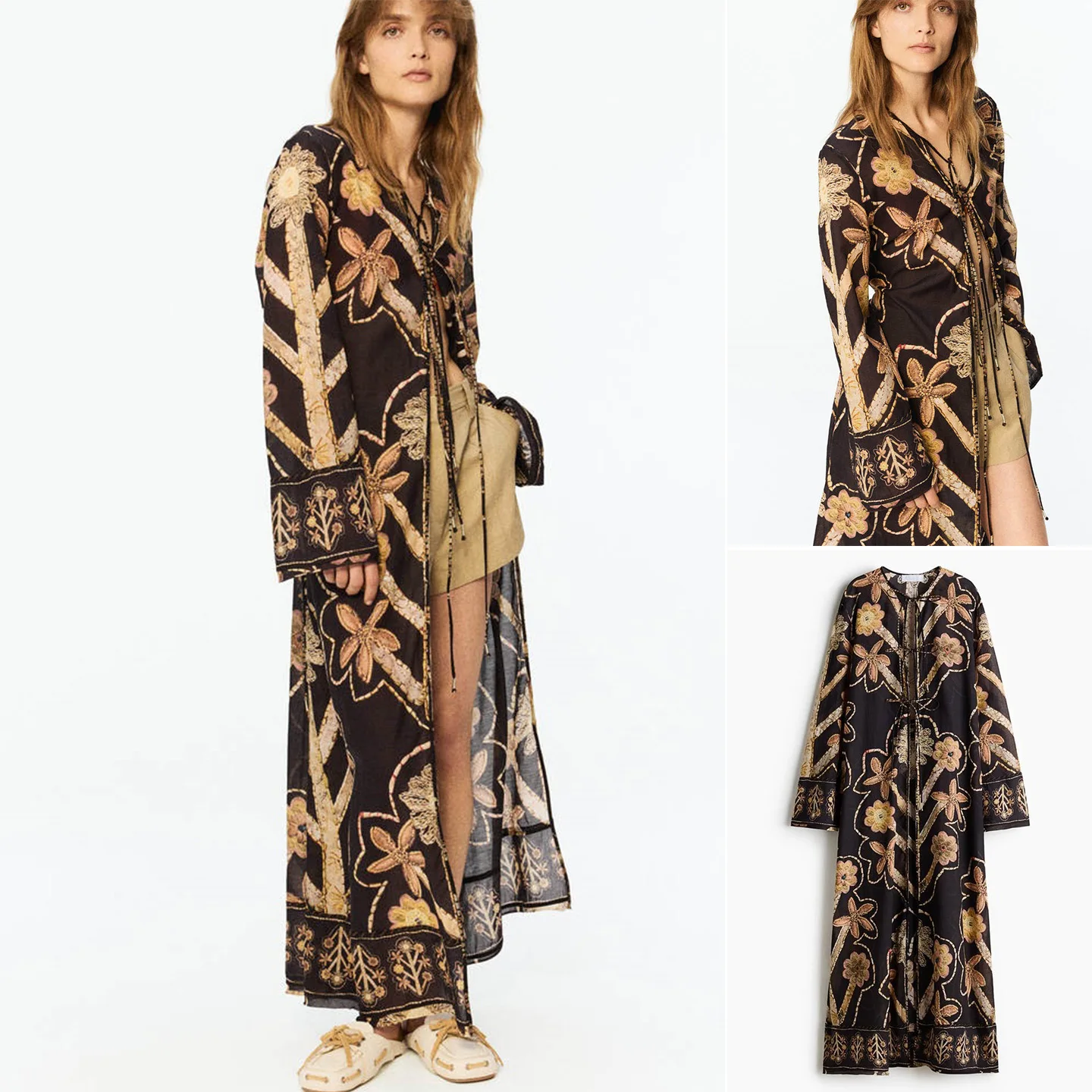 Summer New Women's Loose Fit round Neck Long Sleeve Ultra-Long Print Dress Vintage Style H-Shape Polyester Fiber City Commute
