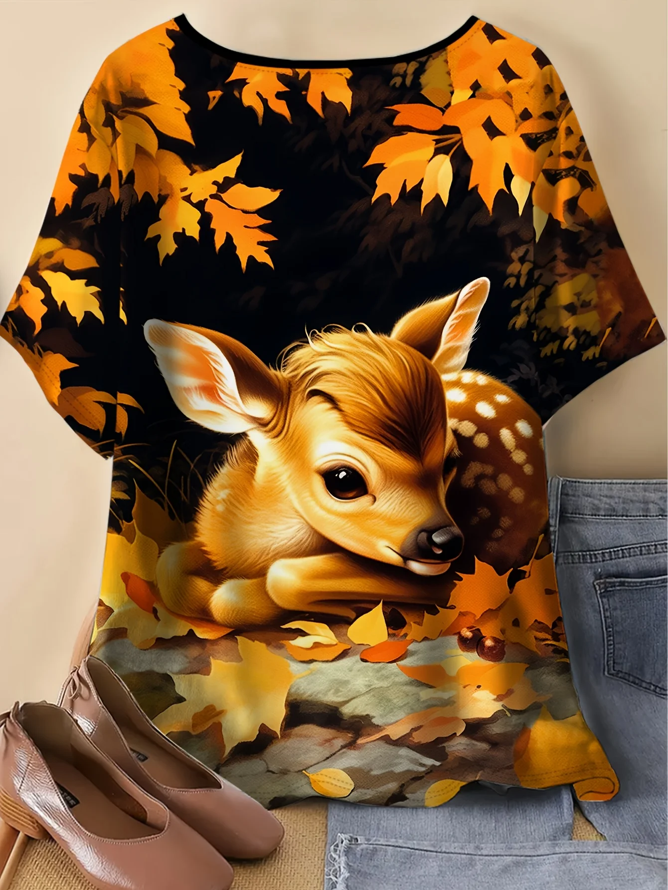 Women Cute Fawn Autumn Maple Leaf Print T‑Shirt Short Sleeve Crew Neck Casual Loose Summer Tops