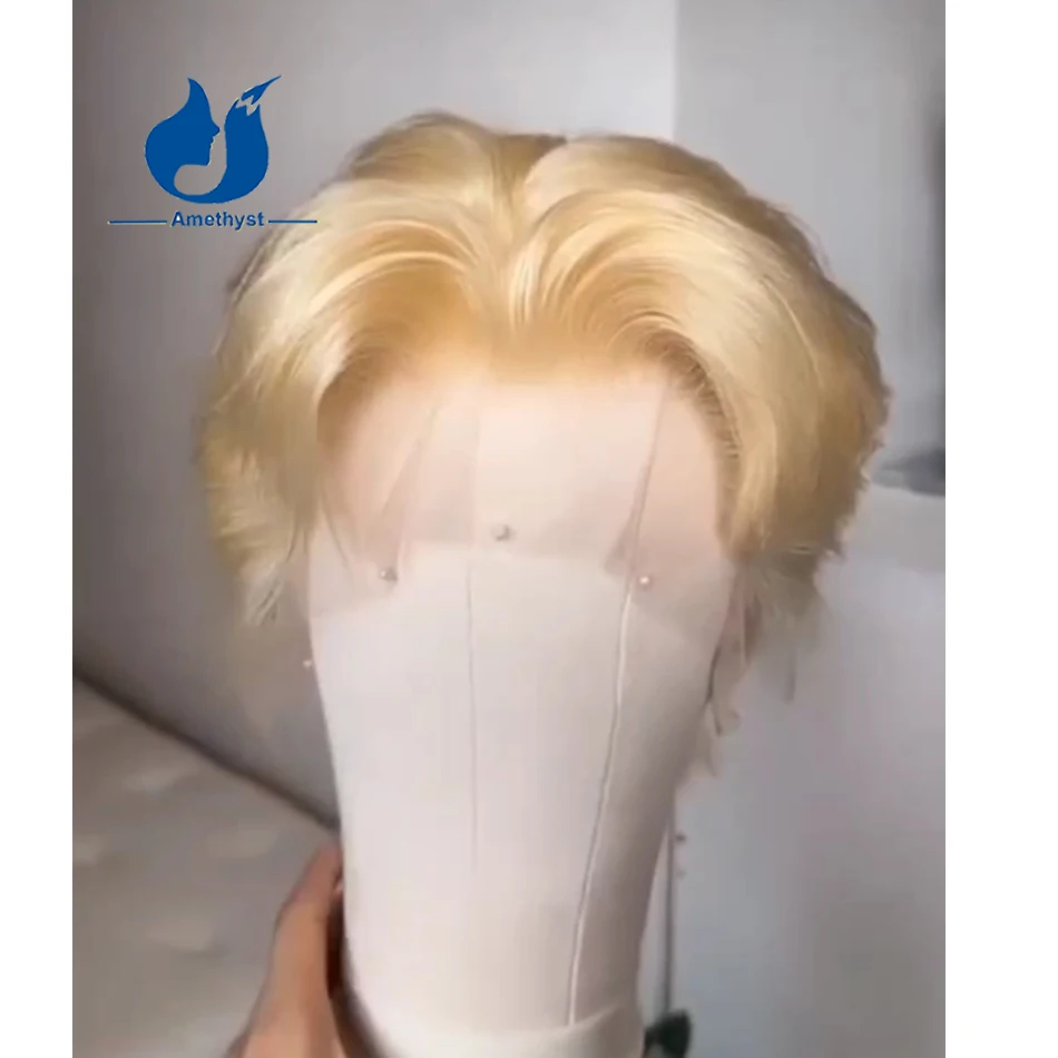 

Amethyst 613 Blonde Short Wolf Cut Men's Wig Brazilian Remy Human Hair 13x4 Lace Front Wig Pre Plucked Straight Hair Replacement