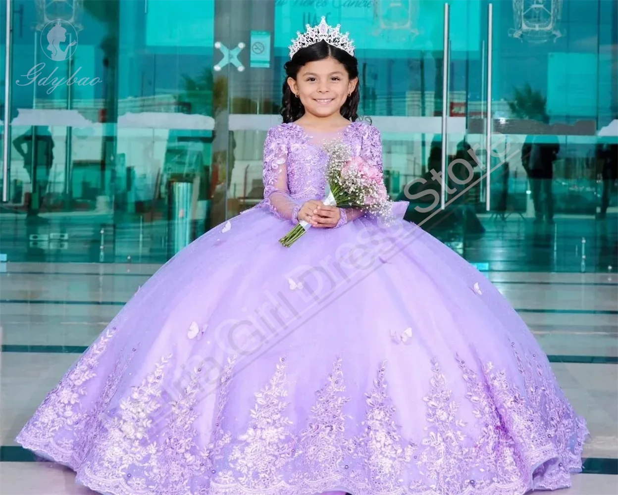 فستان فتاة الزهور المنفوش المخصص لحفلات الزفاف مزين بالدانتيل من التول مع ذيل حفلة عيد ميلاد الطفل بالتواصل الأول #3