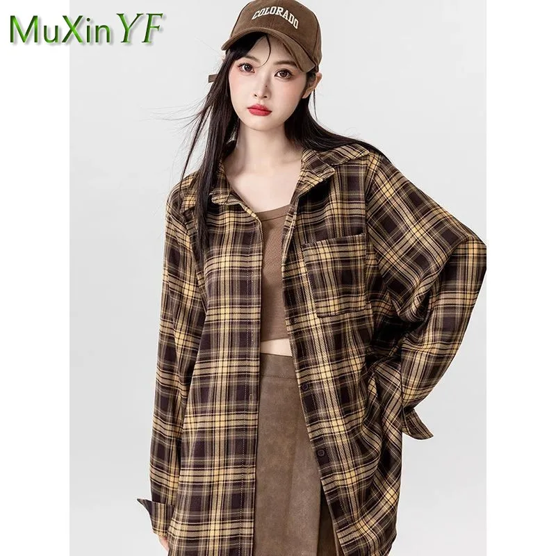 Women\'s 2024 Autumn New Vintage Plaid Shirt+Sling Skirt Two-piece Suit Korean Elegant Casual Cardigan+sexy Dress Matching Set