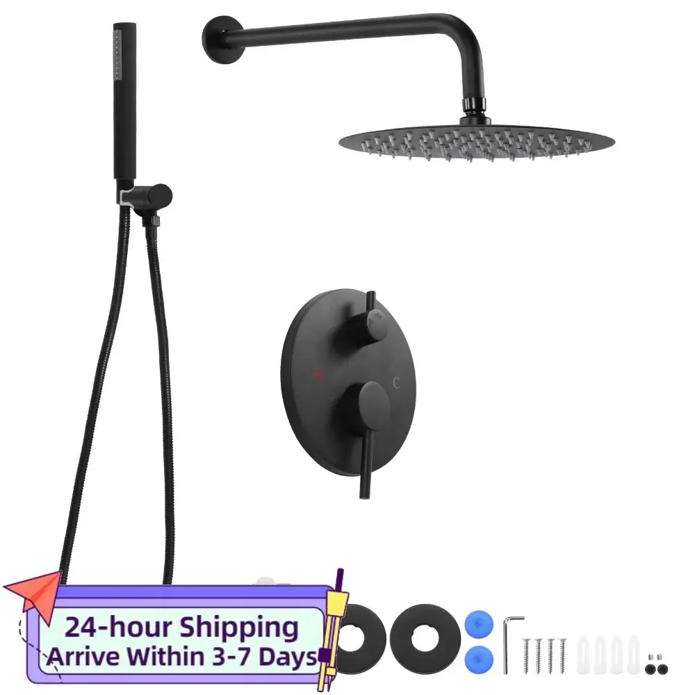 Metal Shower Faucet Trim Repair Kits with 10 Inch Showerhead Rain Shower Head and Handle Set with Rough-in Valve for Hard Water