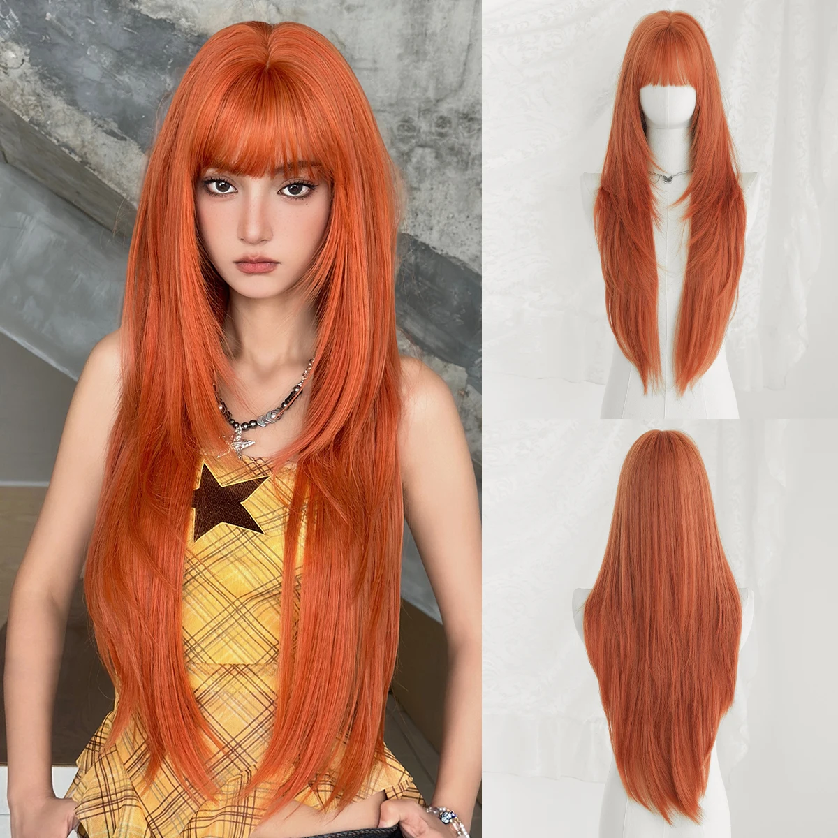 7JHH WIGS Lange, gerade, geschichtete orangefarbene Perücke für Damen, synthetische, modische, sofort tragbare Ingwer-Perücken mit ordentlichem Pony