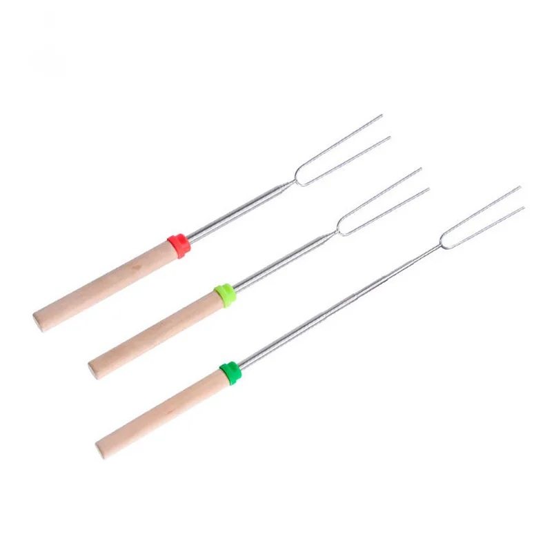 Tenedor de barbacoa retráctil de acero inoxidable con mango de madera, herramientas para barbacoa