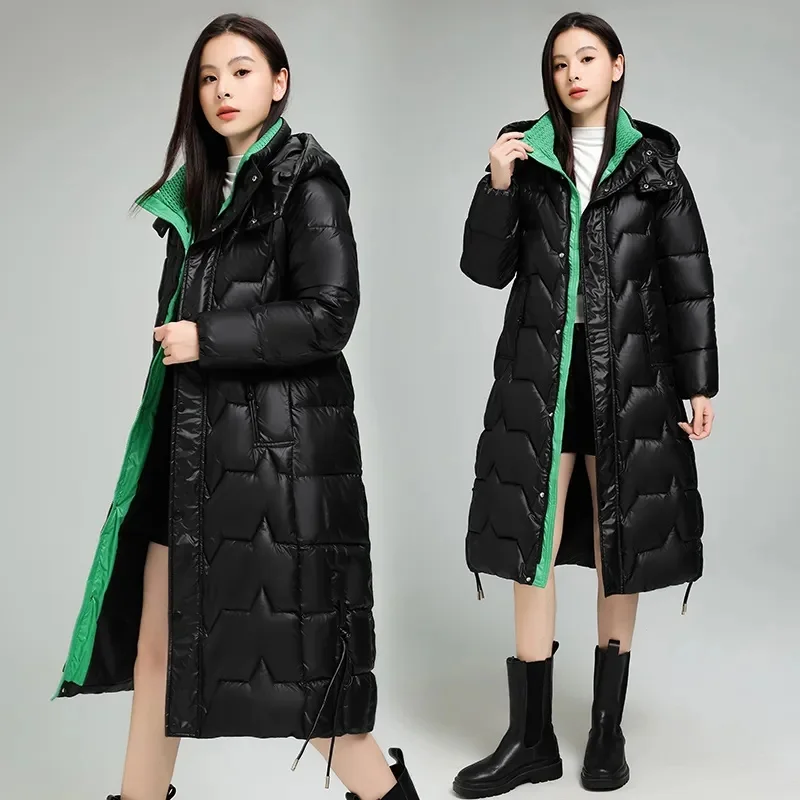 Długi płaszcz zimowy damski koreański 2025 z kapturem, parki, ciepły, gruby, czarny, beżowy, wiatroodporny, płaszcz puchowy z bawełny, odzież wierzchnia