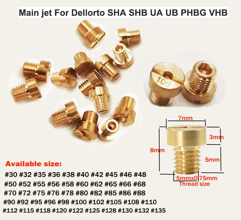 10pcs and 12pcs Carburetor Main Jet M5*0.75mm For Dellorto PHBG SHA SHB UA UB VHB-CS VHBT-CS #30-135 CarburadorJet Kits Gicleur