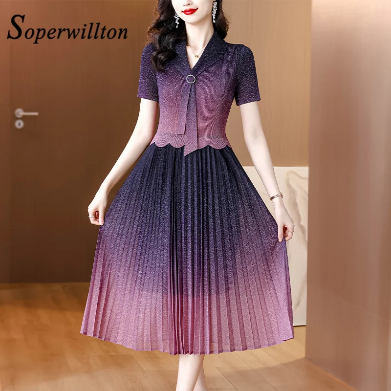 Women's Chic Soft Short Sleeve Party Dress, Elegant V-Neck, Bow Gradient Purple, Summer, Female Robe, Lady Dresses, High Quality