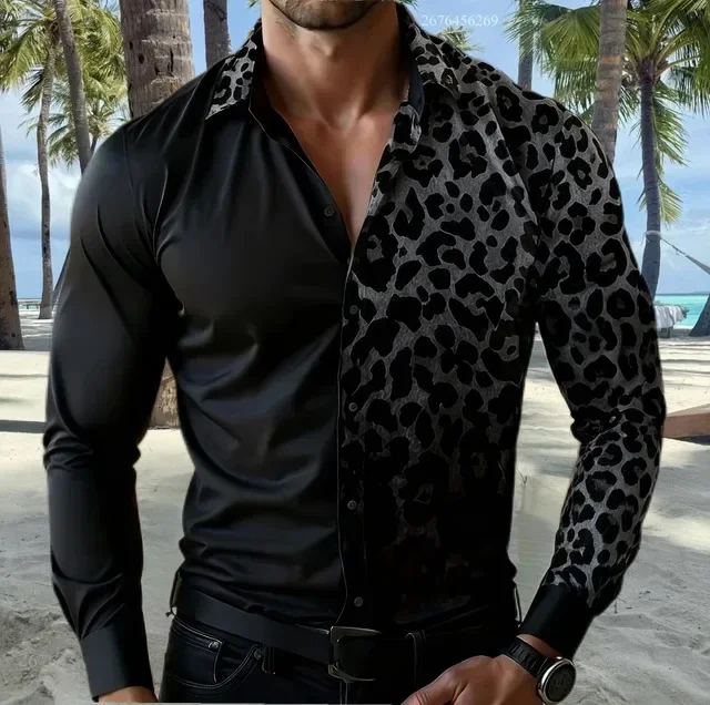 

2026men's shirt printed with four sided leopard print long sleeved shirt, casual and comfortable