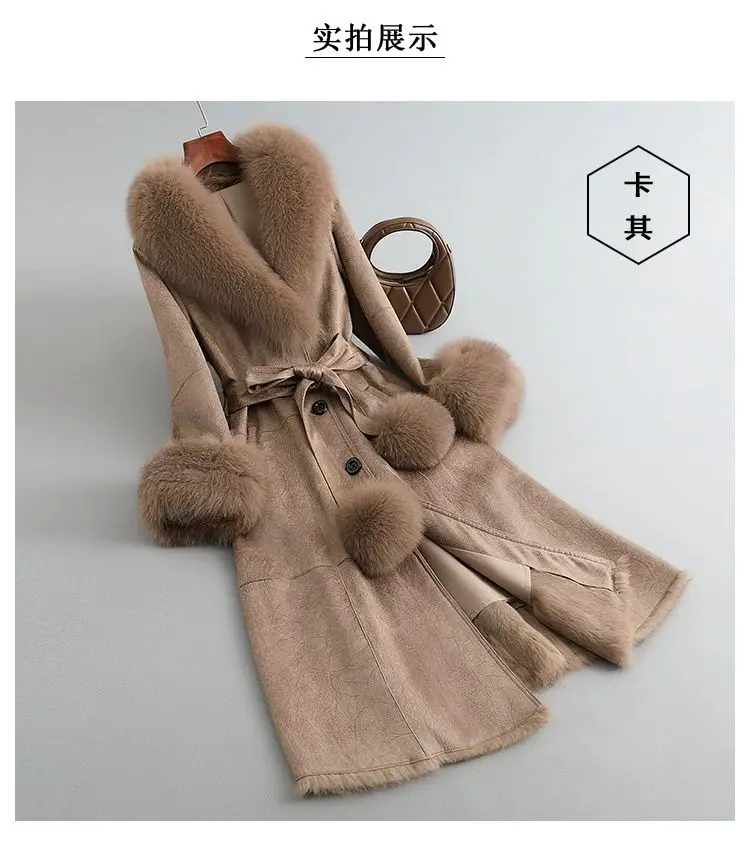 2023 New Rabbit Fur One Piece Coat for Women Mid length Fox Fur Collar Lace up Slim Fit Haining Fur Coat for Women