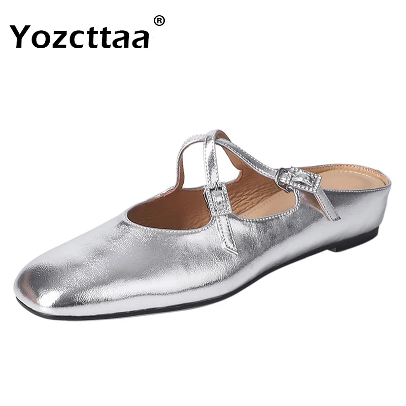 Yozcttaa Size 31-42 Real Leather Women Mule Sandals Cross Strap Wedges Mid Heels Shoes 2025 Ins Casual Home House Slide Slippers