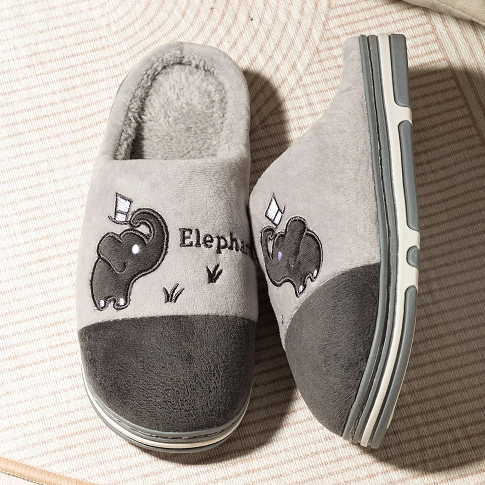 Couple Winter Home Slippers Cute Cartoon Elephant Slippers Men Women Warm Plush Slides Indoor Bedroom Non-Slip Floor Slipper