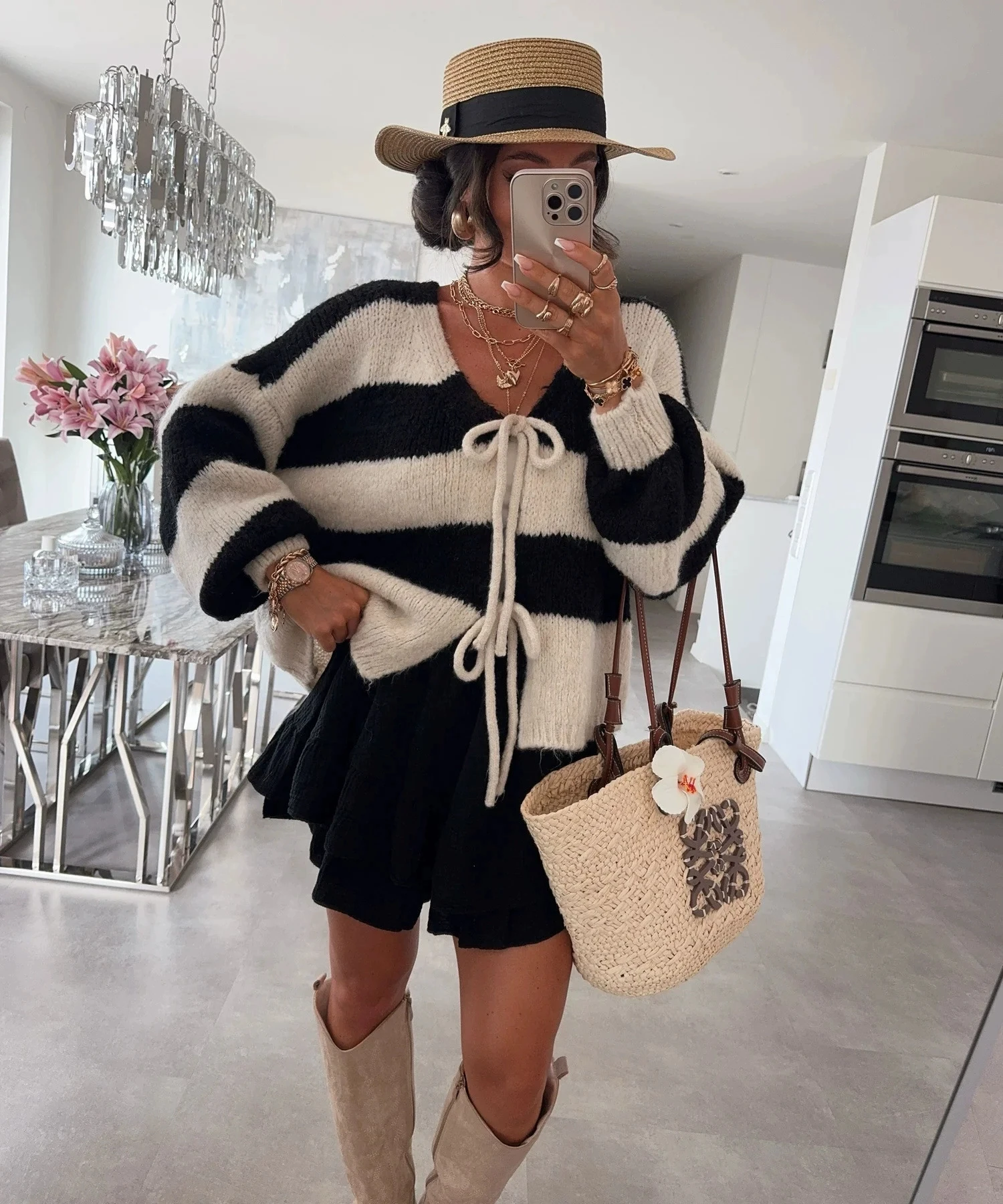 New autumn and winter striped contrasting bow tie knit cardigan elegant, fashionable, loose casual sweater jacket