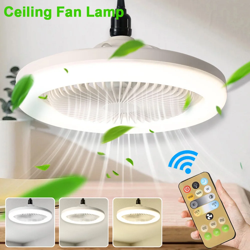 

30W Ceiling Fan Lamp E27 Base Modern Simple Dining Room Bedroom Bladeless Ceiling Fan with Light All-in-one Lamp with Fan