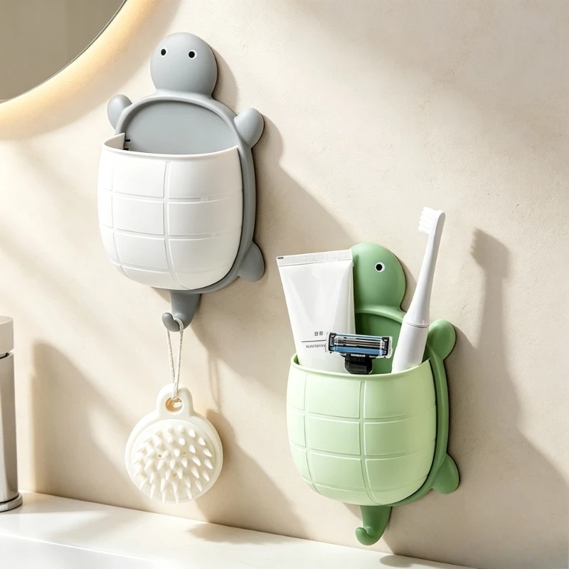 Creative Turtle Wall Hanging Storage Holder No Punch Adhesive Caddy for Bathroom Toothbrush Cosmetic Bedside Sundries