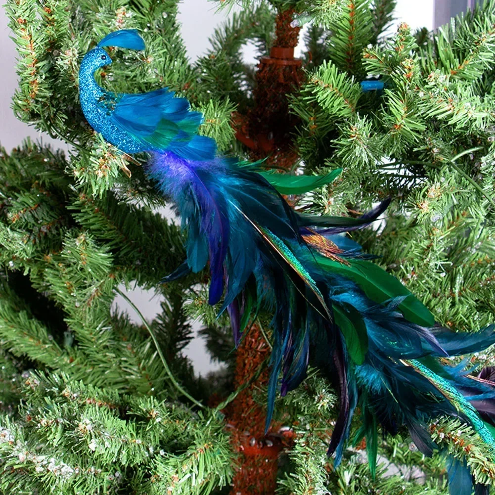 Artificial Peacocks Feathered Ornaments Christmas Long Tail Simulation Birds Christmas Tree Pendant Wedding Party Home Decor