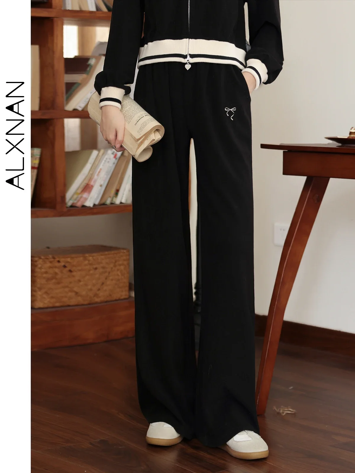 

ALXNAN Baggy Pants Woman 2024 Autumn New Casual Full Length Black Sweatpants Elastic Waist Women's Trousers Clothes LXN322108K