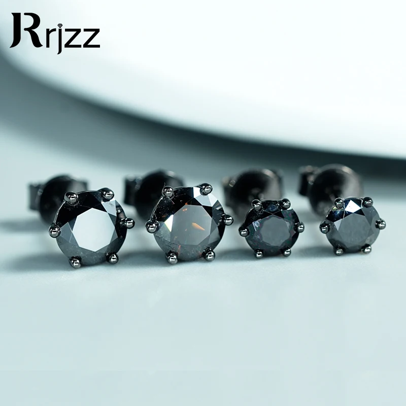 

Rrjzz 5MM 6.5MM Round Black D-Color Moissanite Earrings 925 Sterling Silver Stylish Individuality Men Women Stud Ear Jewelry