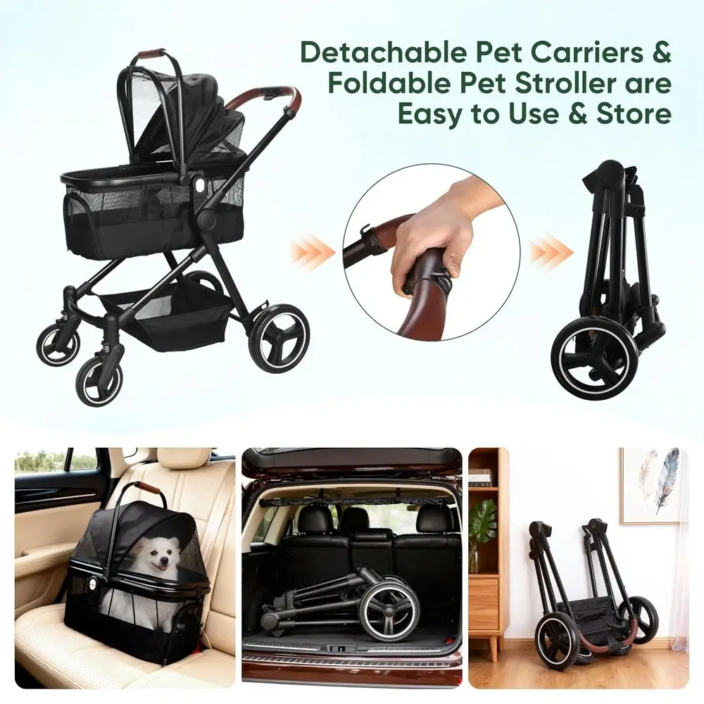 3-in-1 Foldable Pet Stroller for Dogs & Cats Up to 50lbs, Portable Bag, Storage Basket, Easy Folding Frame