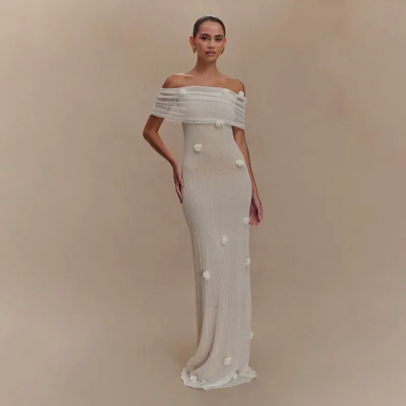 

3D Flowers See Through Knitted Maxi Beach Dress Women Elegant Sexy Off Shoulder Bodycon Evening Party Long Robe Beach Cover Ups