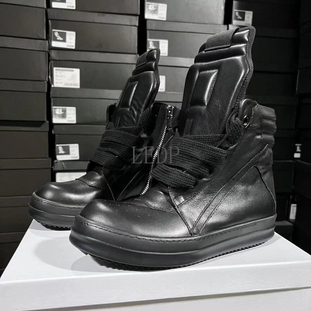 

Brand Men Shoe Casual High Top Quality Women Sneaker Black Ankle Boot Genuine Leather Fashion Thick-sole Flat Zip Designer Shoe