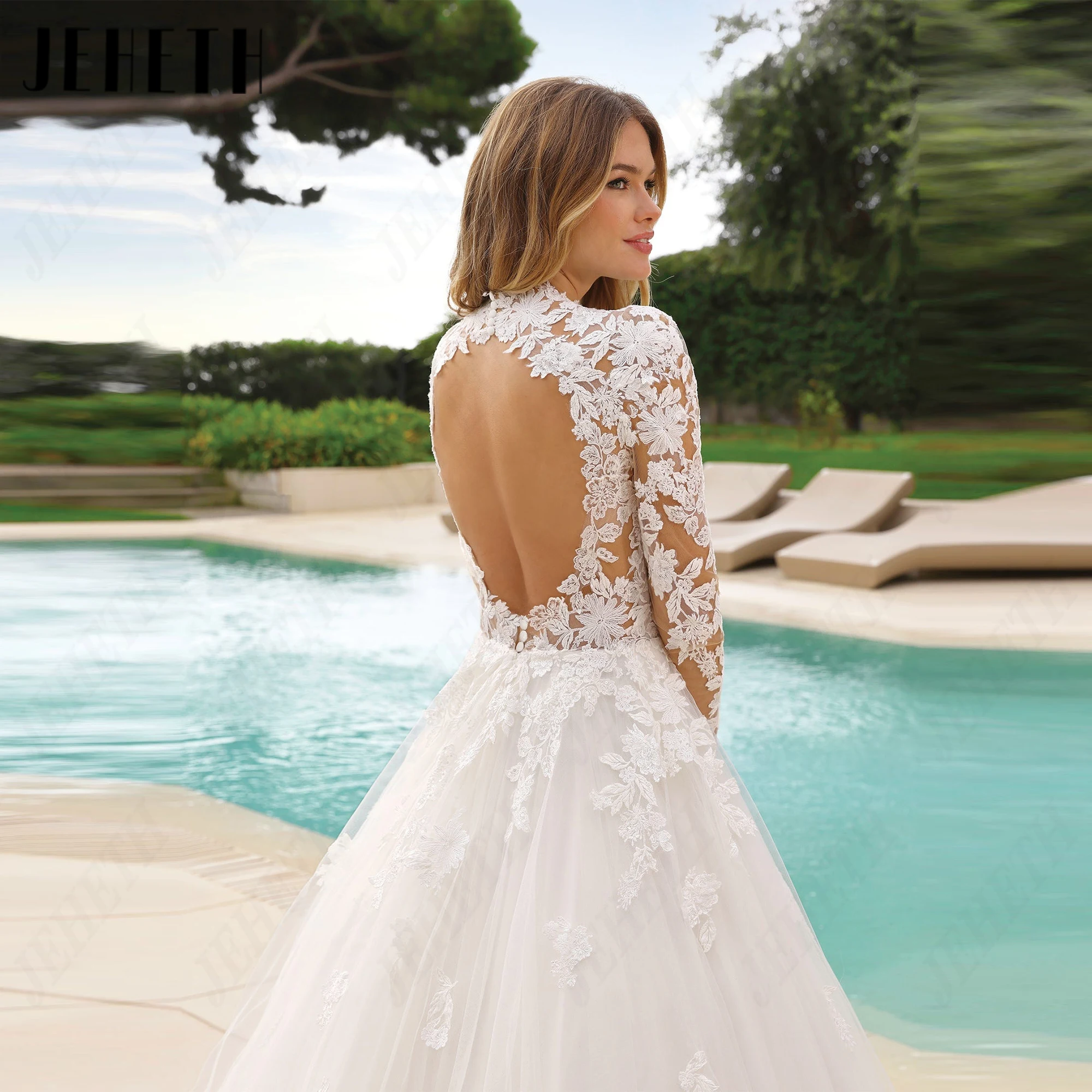 JEHETH Personalized Vintage High Neck Wedding Gowns Illusion Lace Tulle Bridal Gown Sweep Train Backless Bohemian Bride Dresses