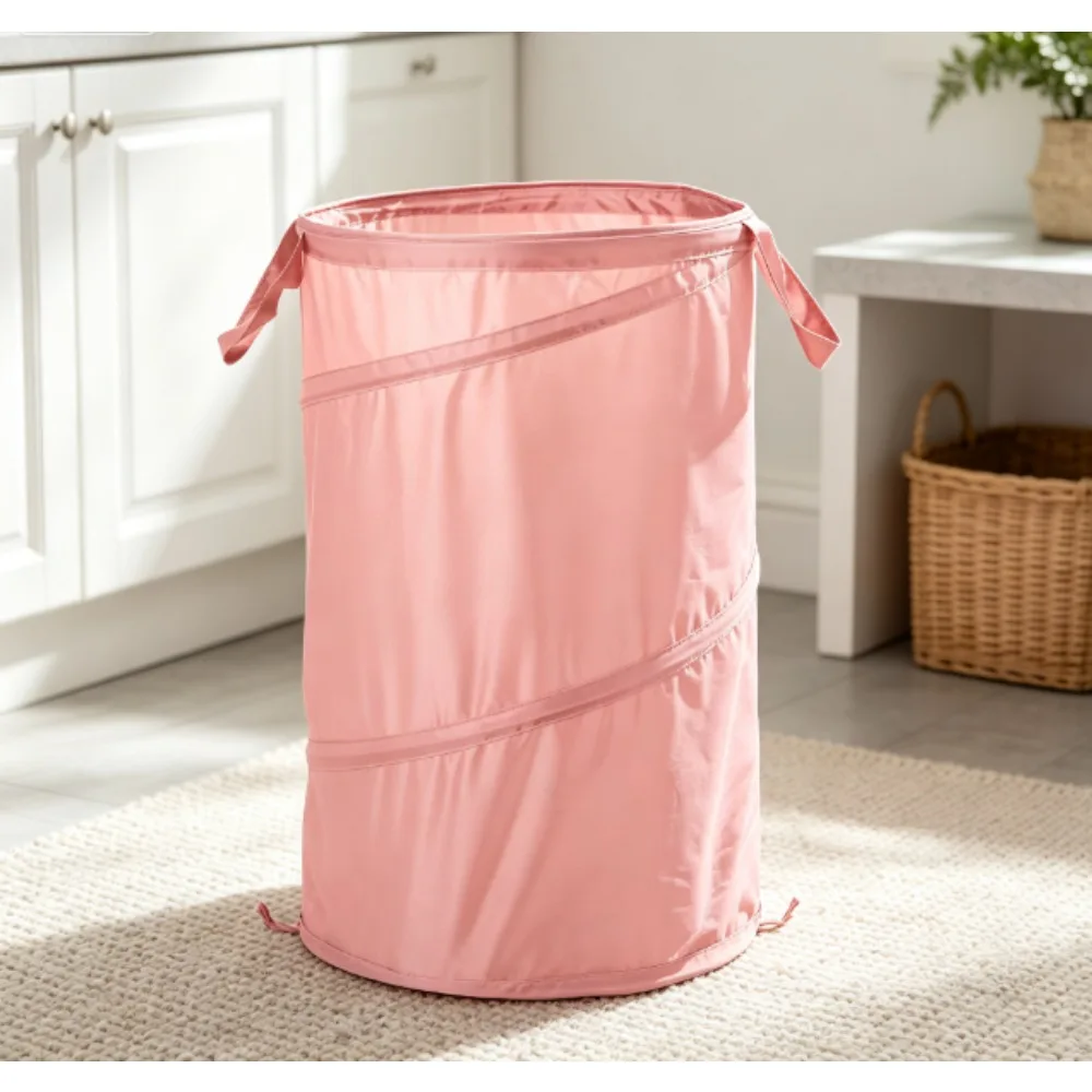 Mainstays Pop-Up Spiral Polyester Laundry Basket, Pink, Adult Size
