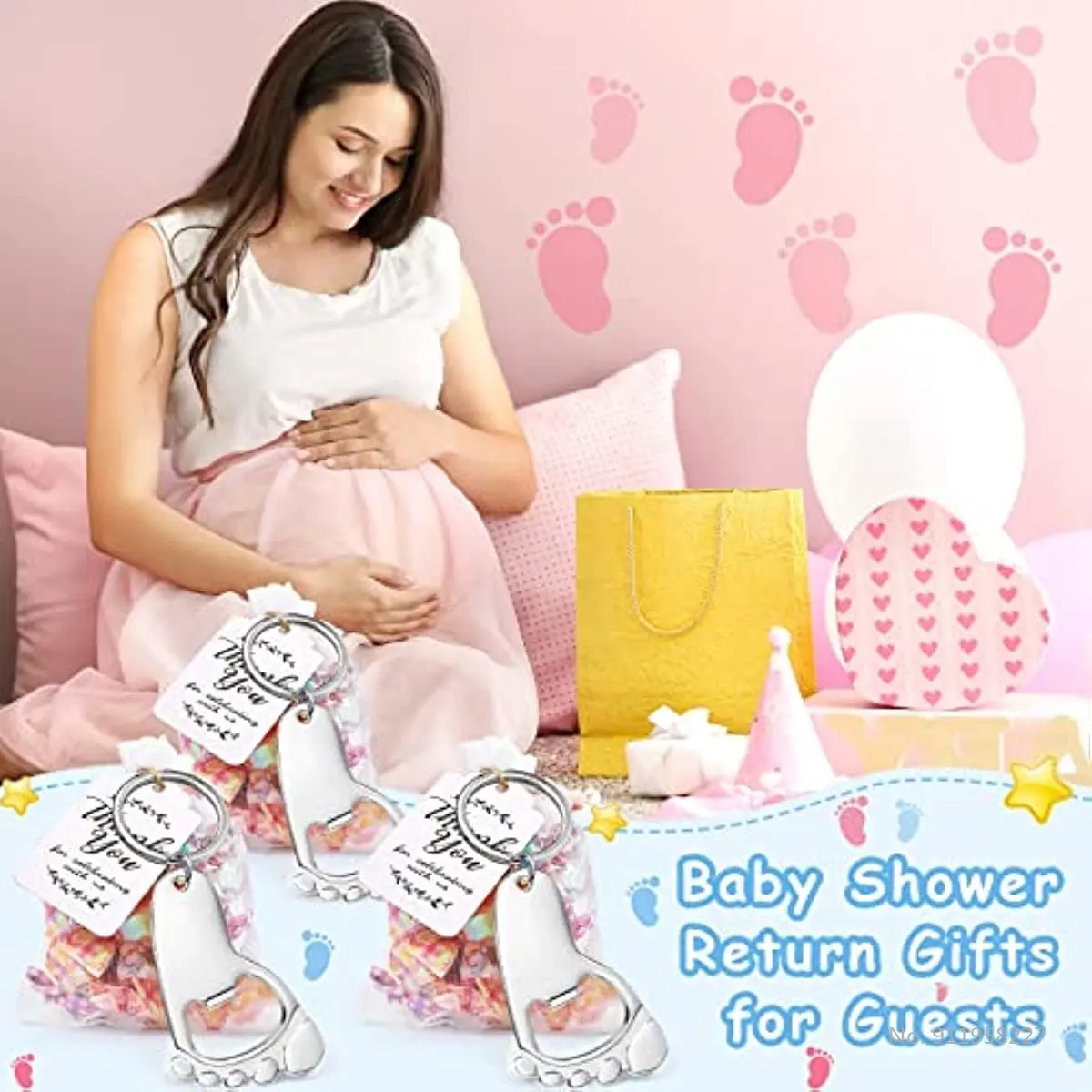 50-piece baby footprint key chain bottle opener baby shower party with organic cloth bag and baby shower party souvenir label