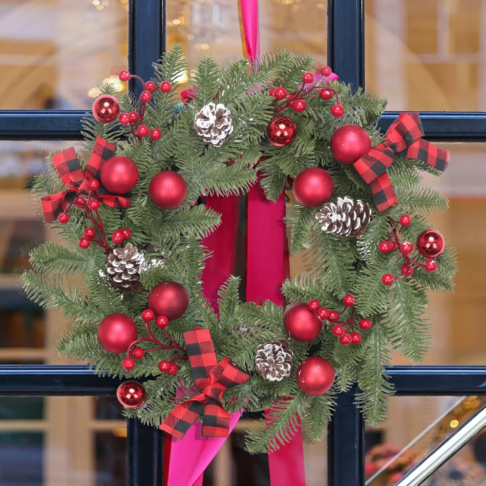 إكليل زهور عيد الميلاد، قلادة تزيين على شكل فاكهة صنوبر حمراء مخروطية من الصنوبر والسرو، بهو منزلي، ديكور جداري، معلق للباب