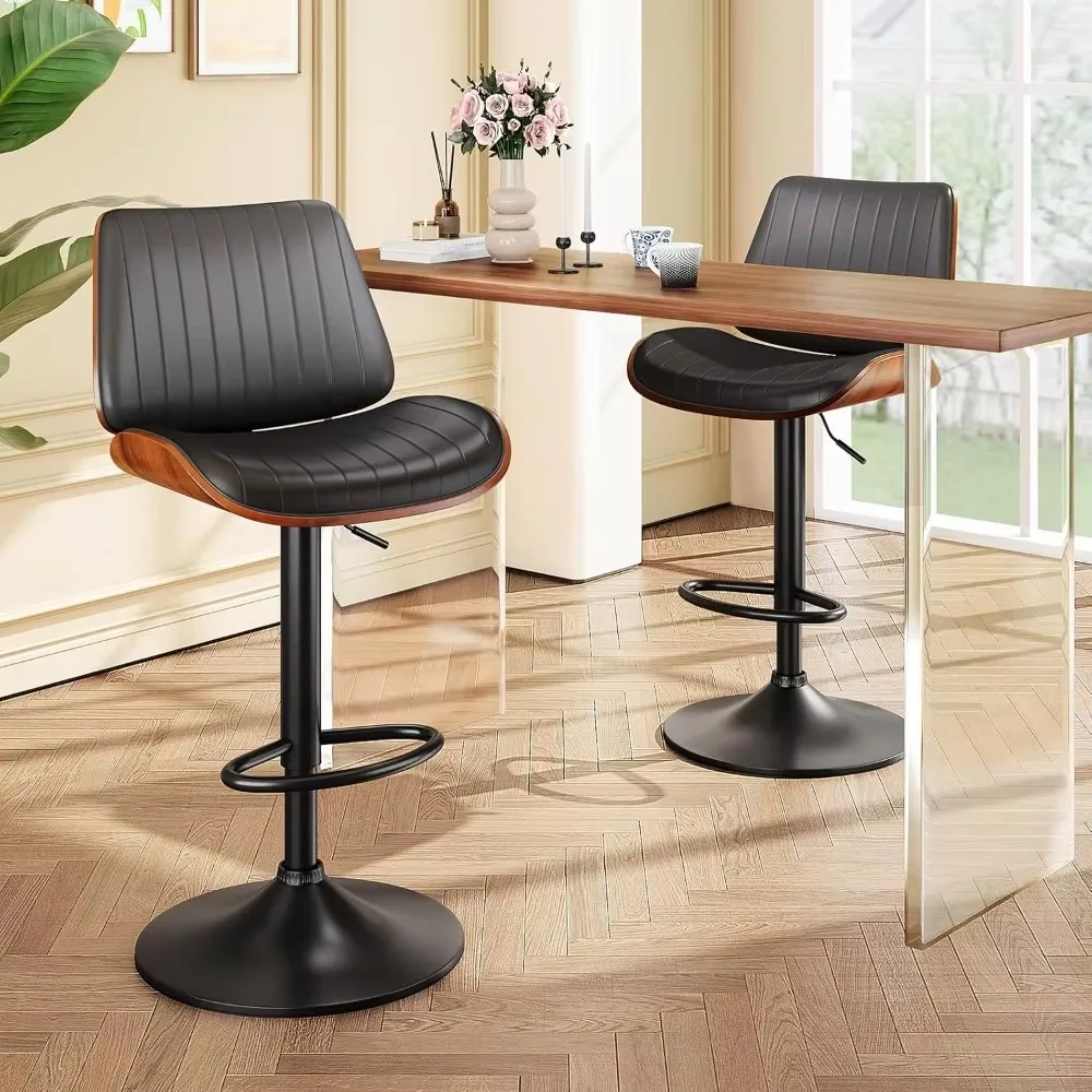 Bar Stools Set of 2, Bar Stools for Kitchen Island with Bentwood Back and Leather Seat, Swivel Bar Stools